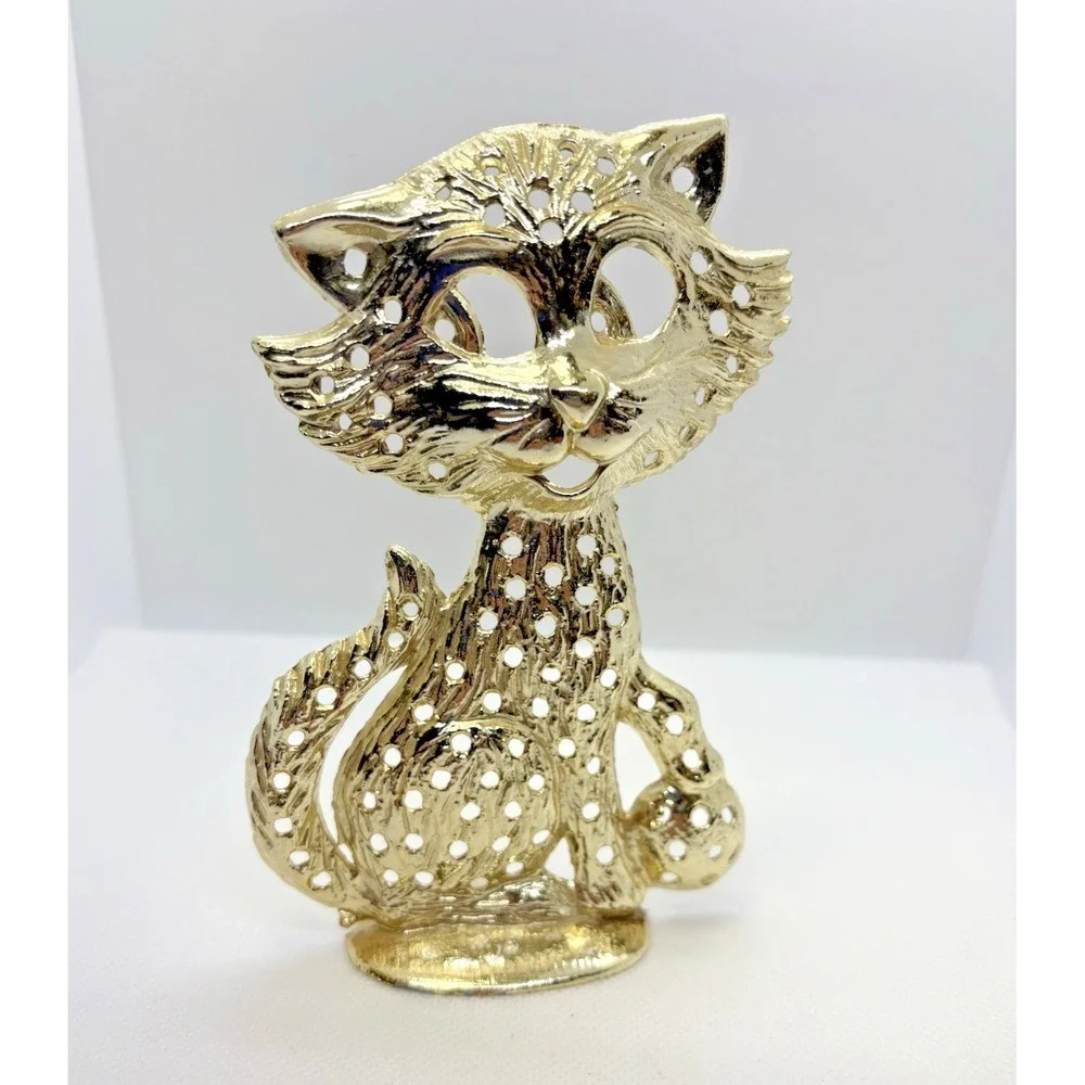 Vintage Torino Brass Cat Figurine Mid Century Modern Standing Openwork Metal